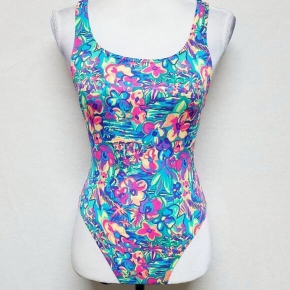 VINTAGE 80s Ocean Pacific Neon Tropical Swimsuit - Picture 2 of 11